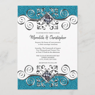 Glitzer Silver Bling Aquamarin Blue Wedding Einlad Einladung