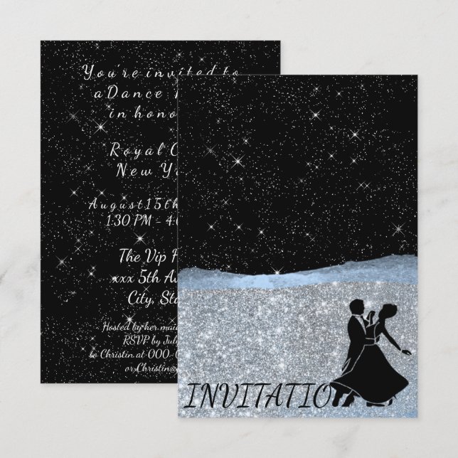 Glitzer Silver Blue Night Sky Startanz Party Einladung (Vorne/Hinten)