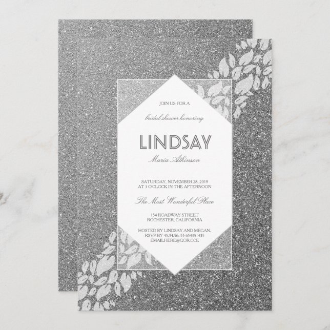 Glitzer Silver Elegantes Vintages Fab-Brautparty Einladung (Vorne/Hinten)