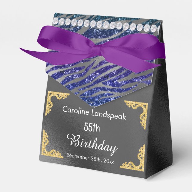 Glitzer Silver Foil Dark Blue Zebra Print Birthday Geschenkschachtel (Vorderseite)