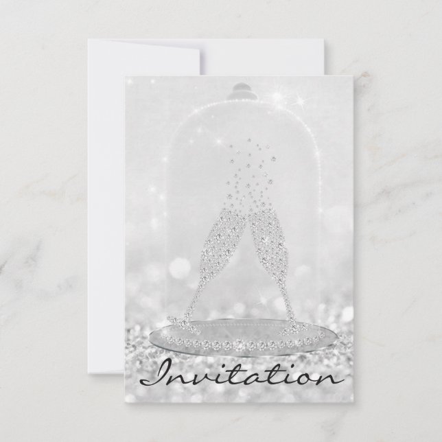 Glitzer Silver Glass Bubbles Champagne Bridal 16. Einladung (Vorderseite)