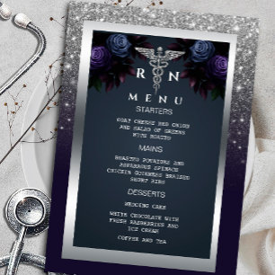 Glitzer Silver Navy Blue Florals Menü Medizin Einladung
