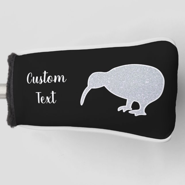 Glitzer Silver NZ Kiwi auf Schwarz, Custom Putter  Golf Headcover (Vorderseite)