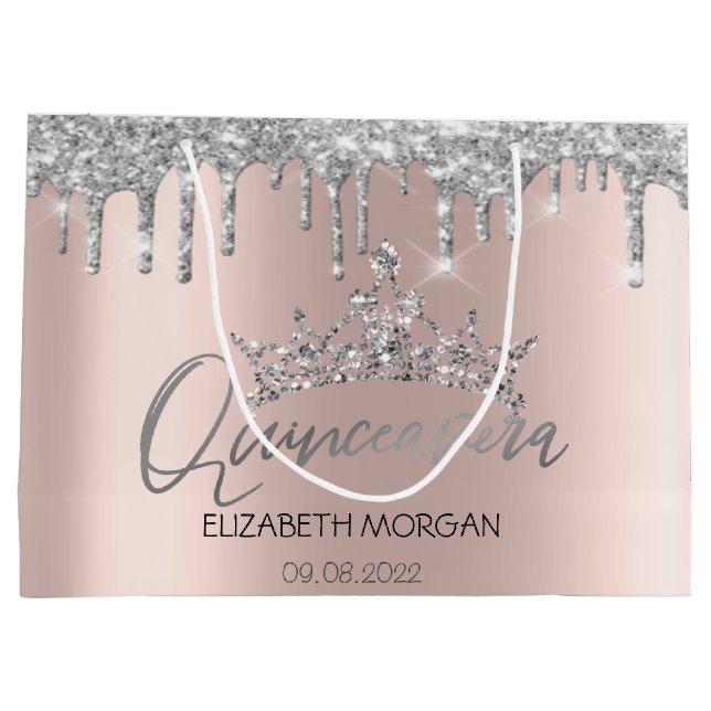 Glitzer Silver Tropfens Rose Gold Tiara Quinceañer Große Geschenktüte (Rückseite)