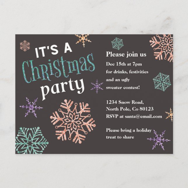 Glitzer Snowflakes Weihnachten Party Einladung Postkarte (Vorderseite)