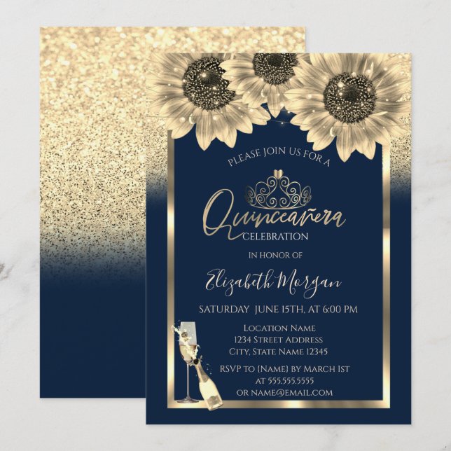 Glitzer, Sonnenblumen, Glas Tiara Blue Quinceanera Einladung (Vorne/Hinten)