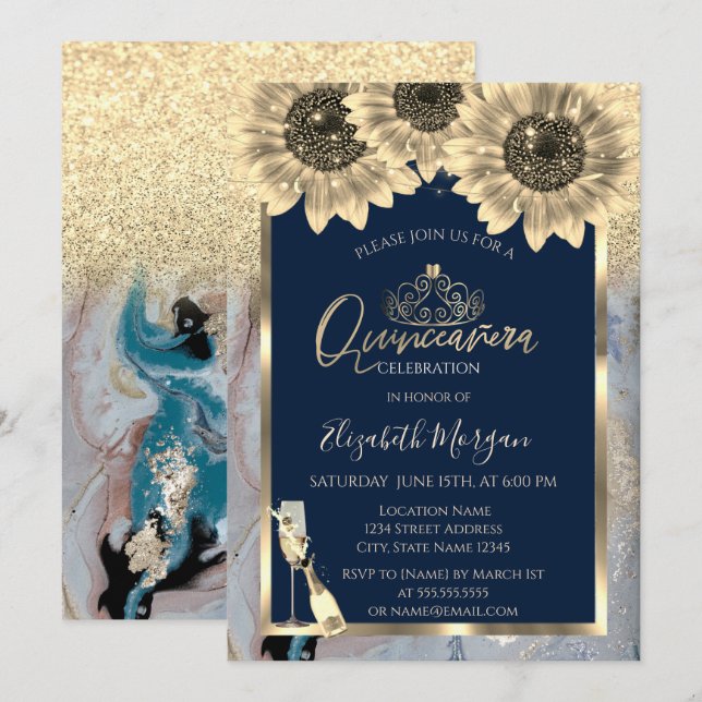 Glitzer,Sonnenblumen,GlasTiara Marmor Quinceanera Einladung (Vorne/Hinten)