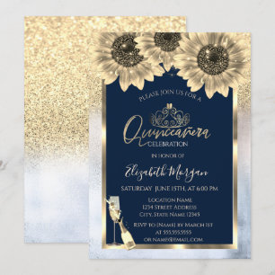 Glitzer, Sonnenblumen, Tiara Mettalic Quinceanera Einladung