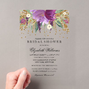 Glitzer Sparkling Floral Amethyst Brautparty Acryleinladungen