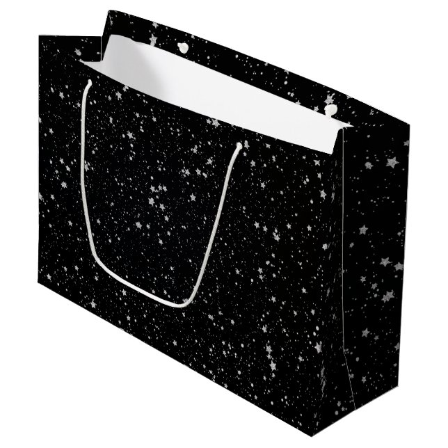 Glitzer Stars2 - Silbernes Schwarzes Große Geschenktüte (Vorderseite Schrägansicht)