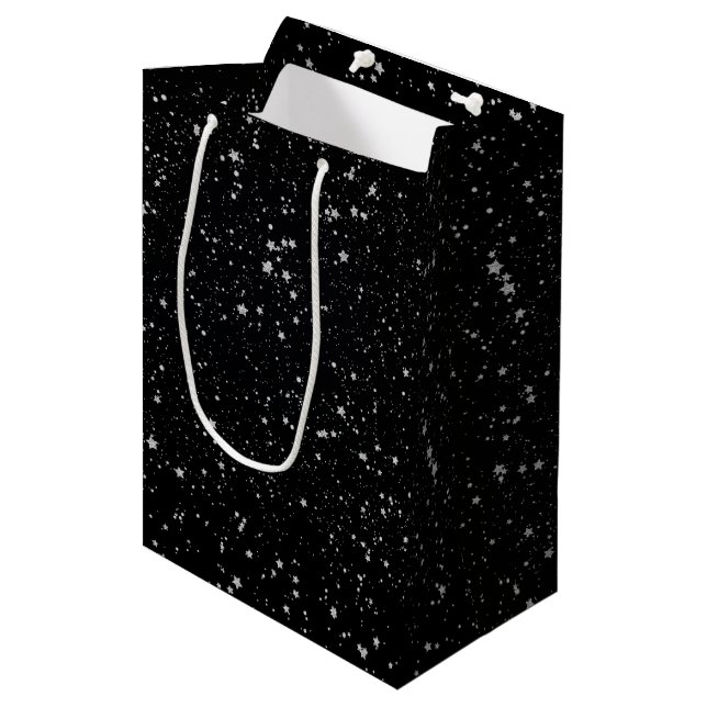 Glitzer Stars2 - Silbernes Schwarzes Mittlere Geschenktüte (Vorderseite Schrägansicht)