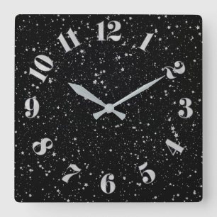 Glitzer Stars2 - Silbernes Schwarzes Quadratische Wanduhr