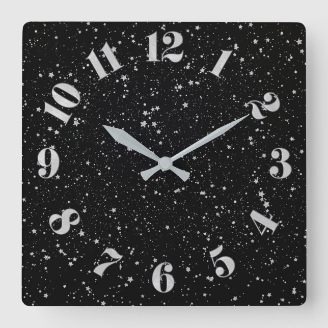 Glitzer Stars2 - Silver Black Quadratische Wanduhr (Vorderseite)