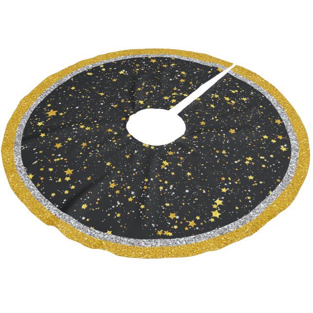 Glitzer Stars3 - Goldschwarzes Polyester Weihnachtsbaumdecke (Schrägansicht)