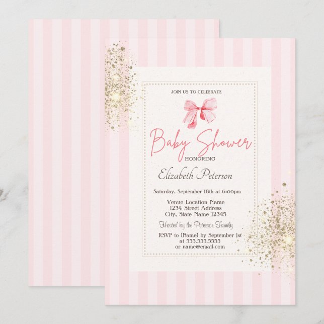 Glitzer Staub Rosa Bow Streifen Babydusche Einladung (Vorne/Hinten)