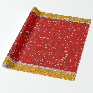 Glitzer-Sterne - silbernes Rot Geschenkpapier