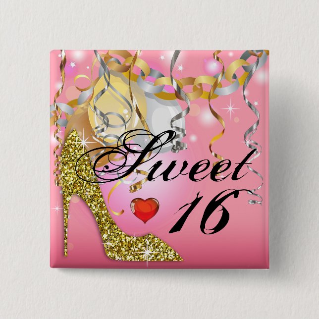 Glitzer-Stilett-Feier für Rosa des Bonbons 16% Button (Vorderseite)