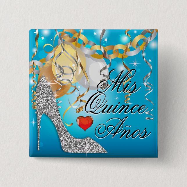 Glitzer-Stilett-Feier Quinceañera Blau Button (Vorderseite)