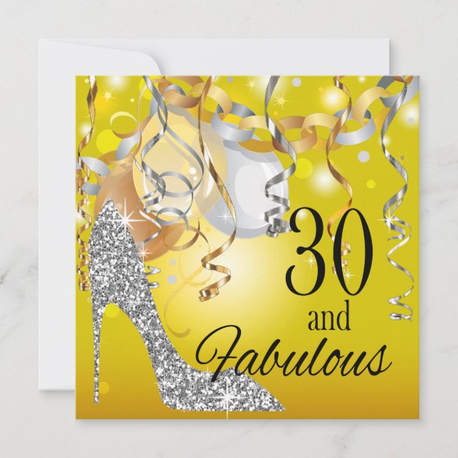 Glitzer Stiletto 30. Geburtstag | gelbes Silber Einladung (Vorderseite)