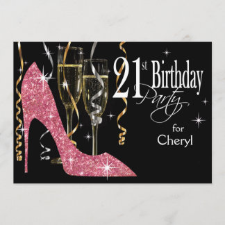 Glitzer Stiletto Champagne 21. Geburtstag Rosa Einladung
