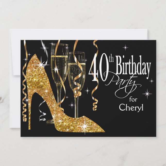 Glitzer Stiletto Champagne 40. Geburtstag Einladung (Vorderseite)