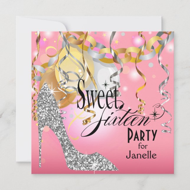 Glitzer Stiletto Sweet 16 Party | rosa Silber Einladung (Vorderseite)