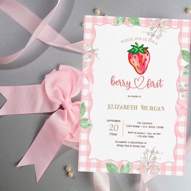 Glitzer Strawberry Frame Karierte Babydusche Einladung (Von Creator hochgeladen)