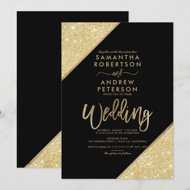 Glitzer Stripe typografie schicke Schwarze Hochzei Einladung (Vorne/Hinten)