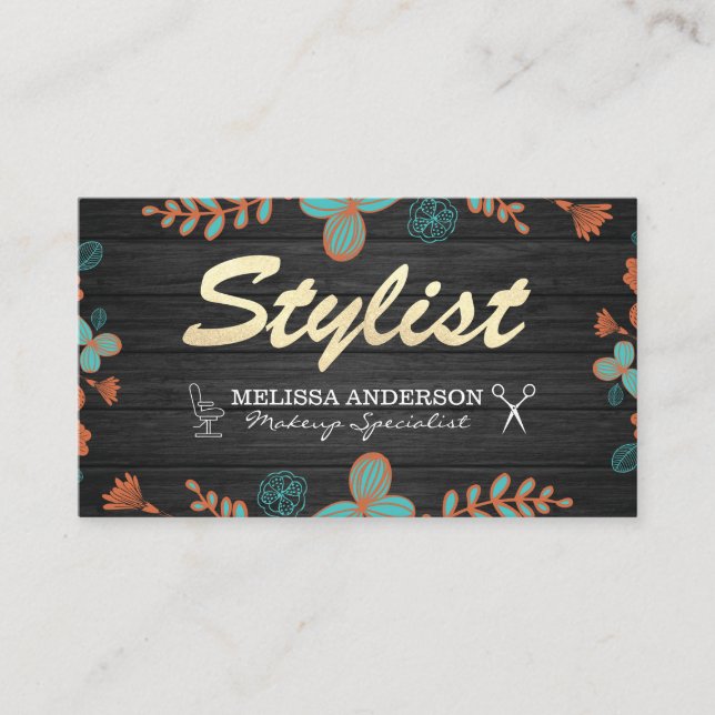 Glitzer Stylist Holz und Blumenmuster Visitenkarte (Vorderseite)