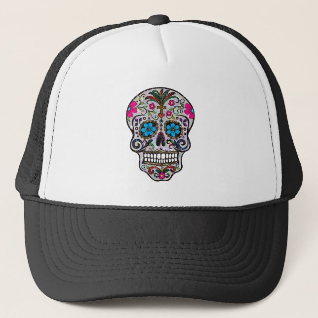 Glitzer Sugar Skull Truckerkappe (Vorderseite)