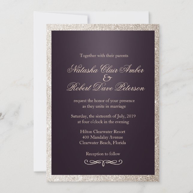 Glitzer Taupe Beige Lila Moderne schicke Hochzeit Einladung (Vorderseite)