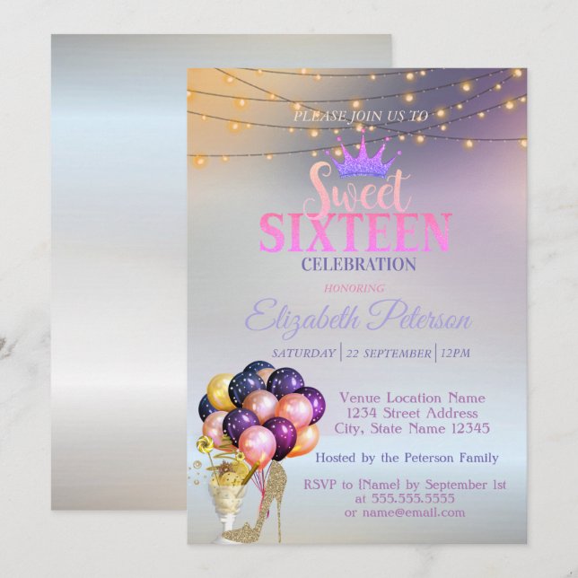 Glitzer Tiara, Coctail, Silbersüß 16 Party Einladung (Vorne/Hinten)