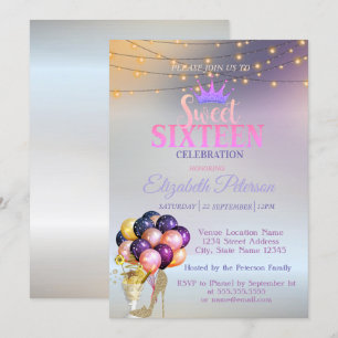 Glitzer Tiara, Coctail, Silbersüß 16 Party Einladung