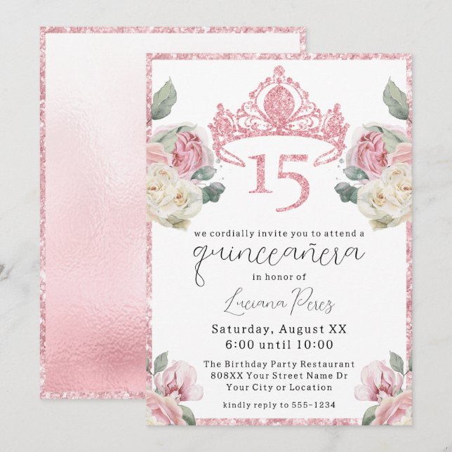Glitzer Tiara Quinceañera, rosa und weiße Rosen Einladung (Vorne/Hinten)