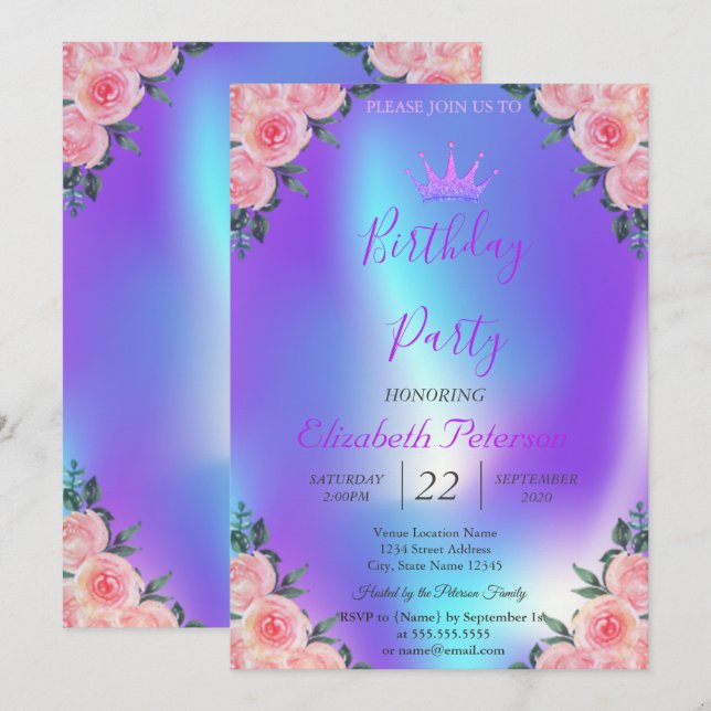Glitzer Tiara Rose Ombre Holographic Birthday Einladung (Vorne/Hinten)