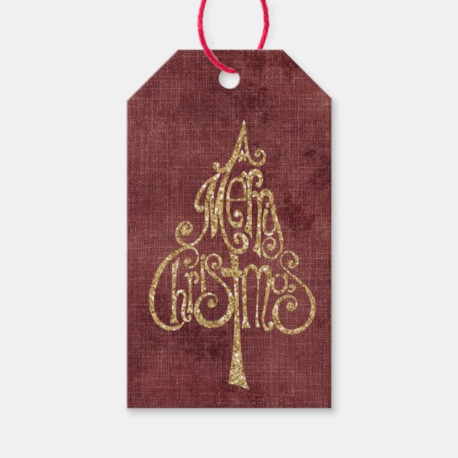 Glitzer Tree Deep Red Imitats Linen (Leinenlook) Geschenkanhänger (Vorderseite)