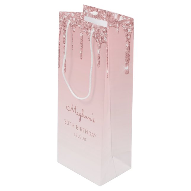 Glitzer Tropfen 30. Geburtstag Rosa Geschenktüte Für Weinflaschen (Vorderseite Schrägansicht)