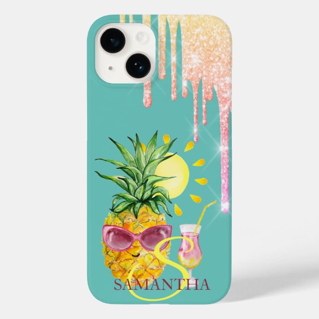 Glitzer Tropfen Ananas Sonnencocktail Minze Grün Case-Mate iPhone 14 Hülle (Rückseite)