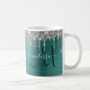 Glitzer Tropfen Aquamarin gebürstetes Metal Monog Kaffeetasse
