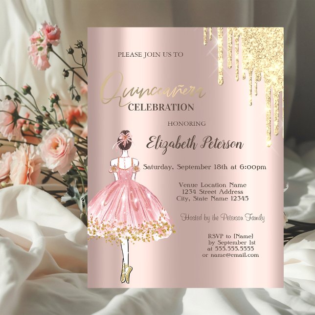 Glitzer Tropfen, Ballerina, Rose Gold Quinceañera Einladung (Von Creator hochgeladen)