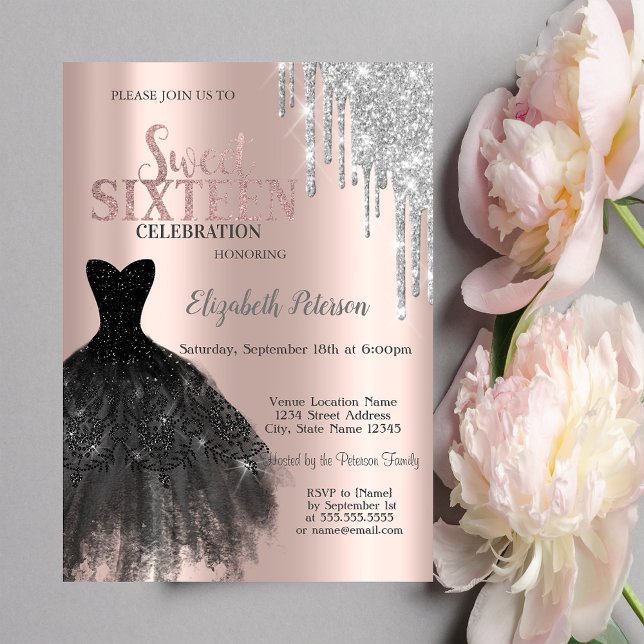Glitzer Tropfen, Black Dress Rose Gold Sweet 16 Einladung (Von Creator hochgeladen)