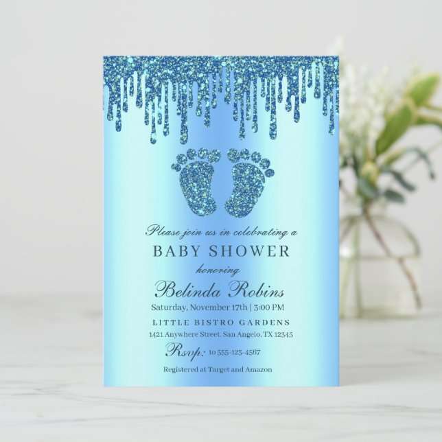 Glitzer Tropfen Blue Baby Feet Babydusche Einladun Einladung (Stehend Vorderseite)