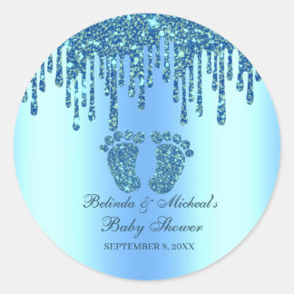 Glitzer Tropfen Blue Baby Feet Babydusche Runder Aufkleber