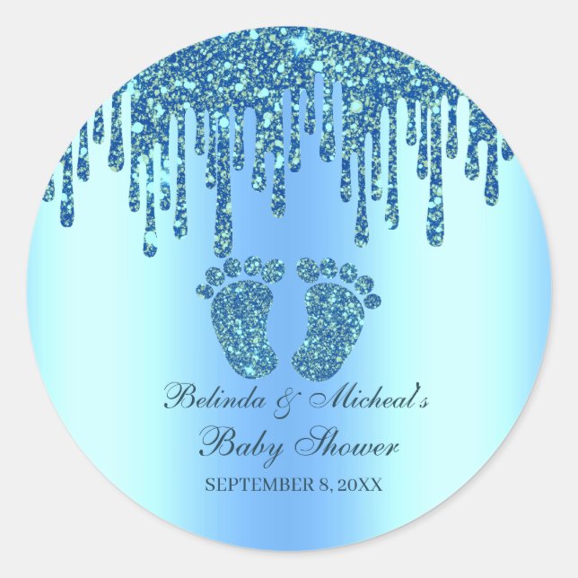 Glitzer Tropfen Blue Baby Feet Babydusche Runder Aufkleber (Vorderseite)