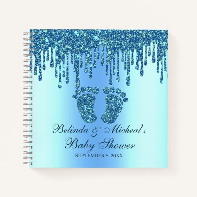 Glitzer Tropfen Blue Feet Baby Showbook Notizbuch (Vorderseite)