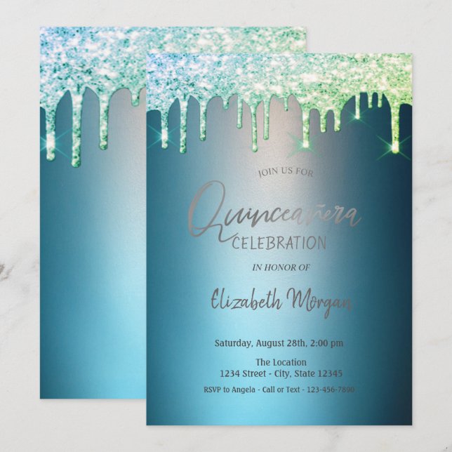 Glitzer Tropfen Blue Quinceanera Einladung (Vorne/Hinten)