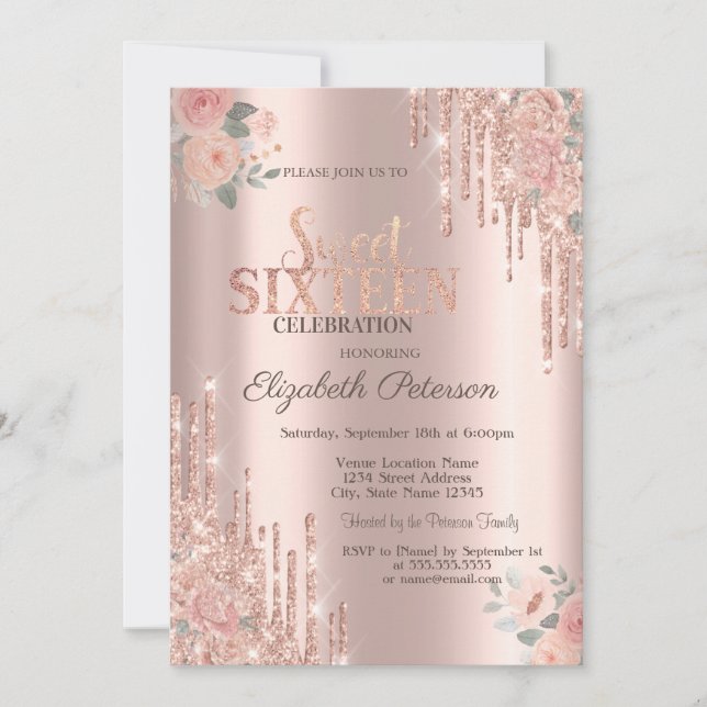 Glitzer Tropfen Boho Rose Rose Gold Sweet 16 Einladung (Vorderseite)