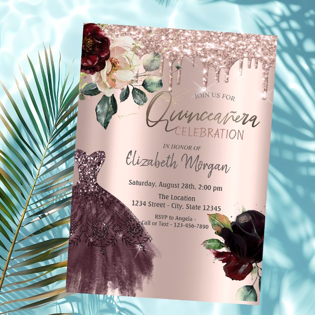 Glitzer-Tropfen, Burgundkleid, Rose Quinceañera Einladung (Von Creator hochgeladen)
