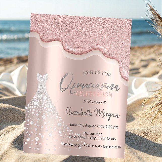 Glitzer Tropfen Diamonds Dress Quinceañera Einladung (Von Creator hochgeladen)