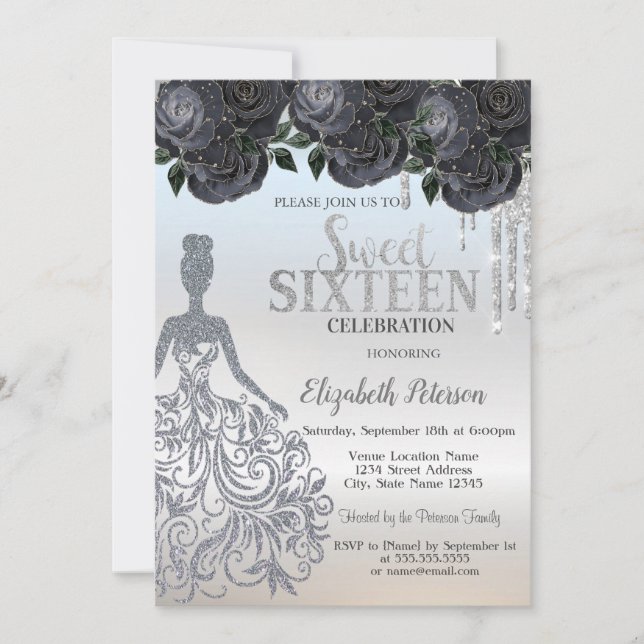 Glitzer Tropfen, Dress Black Rose Sweet 16 Einladung (Vorderseite)